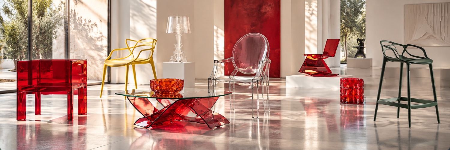 A contemporary design showroom with colorful modern furniture