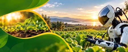 Agricultural robot working in a field at sunset