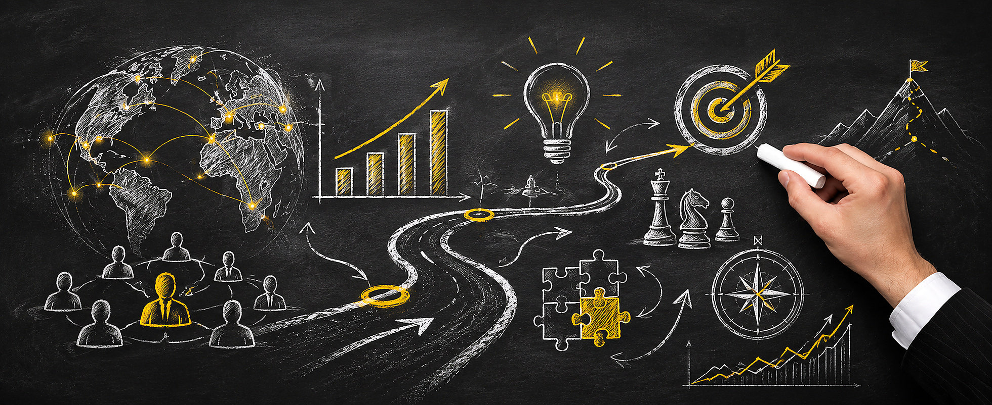 Business strategy and global connections illustrated on a chalkboard