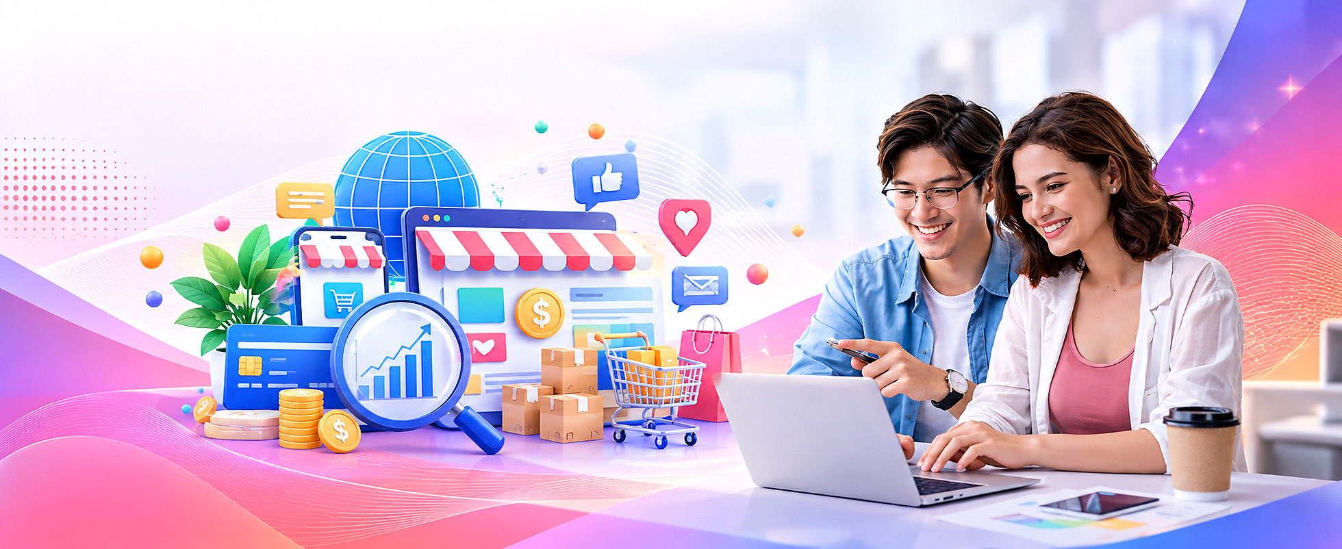 Customers shopping online using a laptop