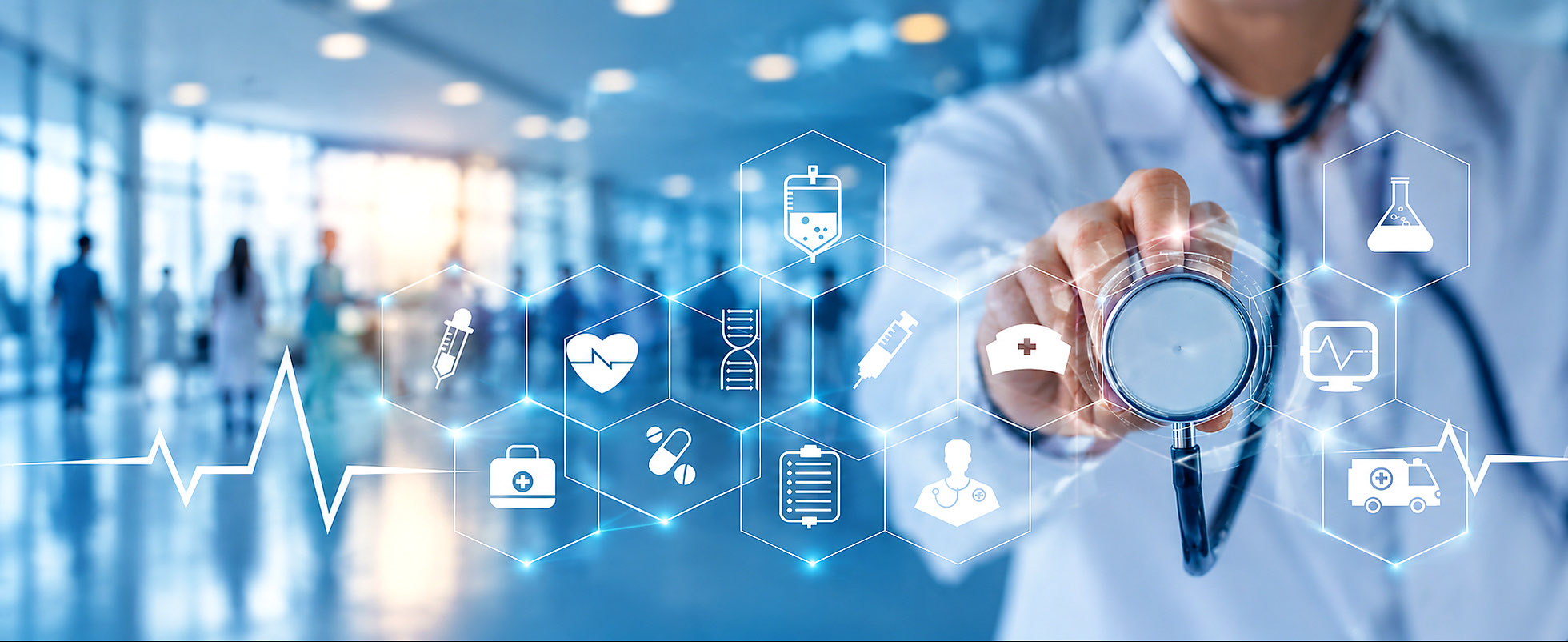 Doctor with a stethoscope and medical care symbols